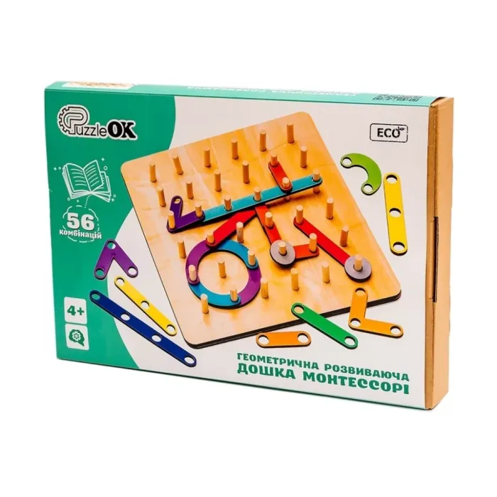 Дерев'яна "Геометрична Розвиваюча Дошка" 56 комбінацій Puz-27260 PuzzleOk