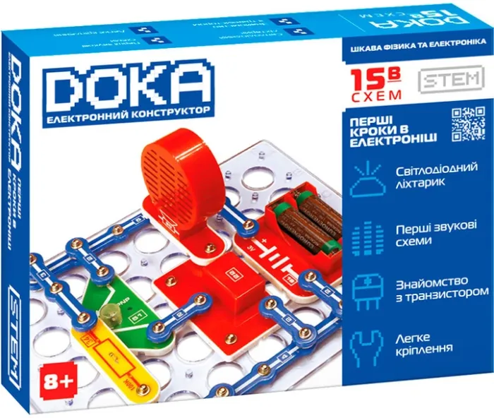 Конструктор електронний DOKA "ПЕРШІ КРОКИ В ЕЛЕКТРОНІЦІ" (Набір В, 15 схем)