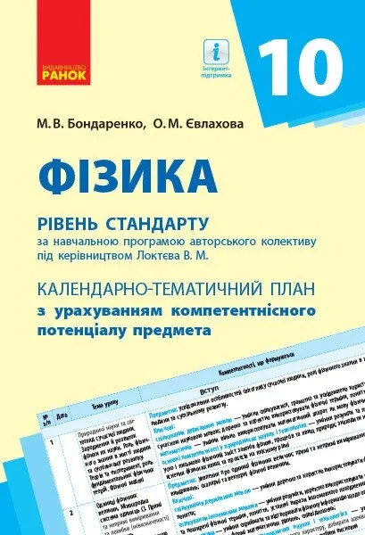 Календарно-тематичний план Фізика 10 клас (Укр) Рівень стандарту Ранок Т812051У